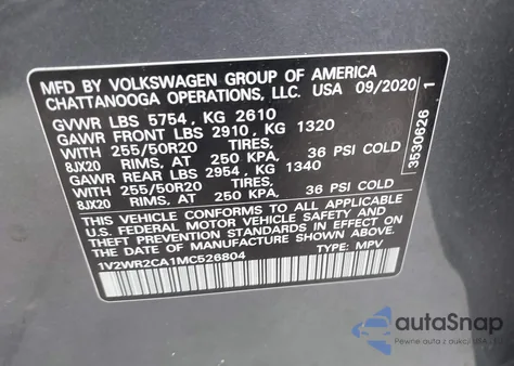 2021 Volkswagen Atlas 3.6L V6 Se W/Technology z USA, uszkodzony, nr VIN 1V2WR2CA1MC526804
